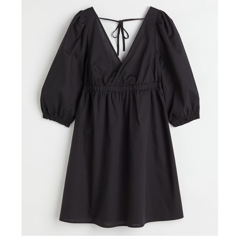H&M Black V-Neck Puff Sleeve Cotton Dress